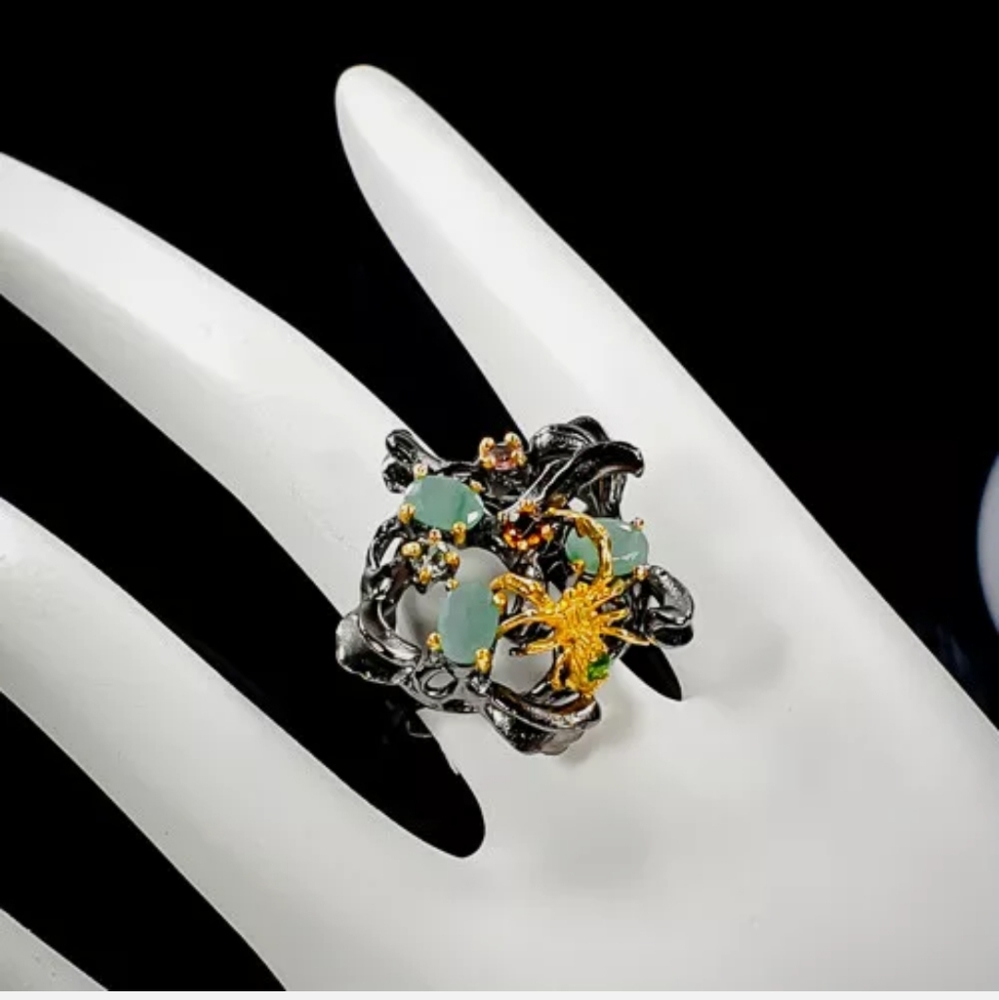 Emerald Peridot Tourmaline citrine aquamarine spider sterling silver ring sz9 - Picture 5 of 15